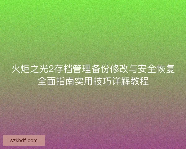 火炬之光2存档管理备份修改与安全恢复全面指南实用技巧详解教程